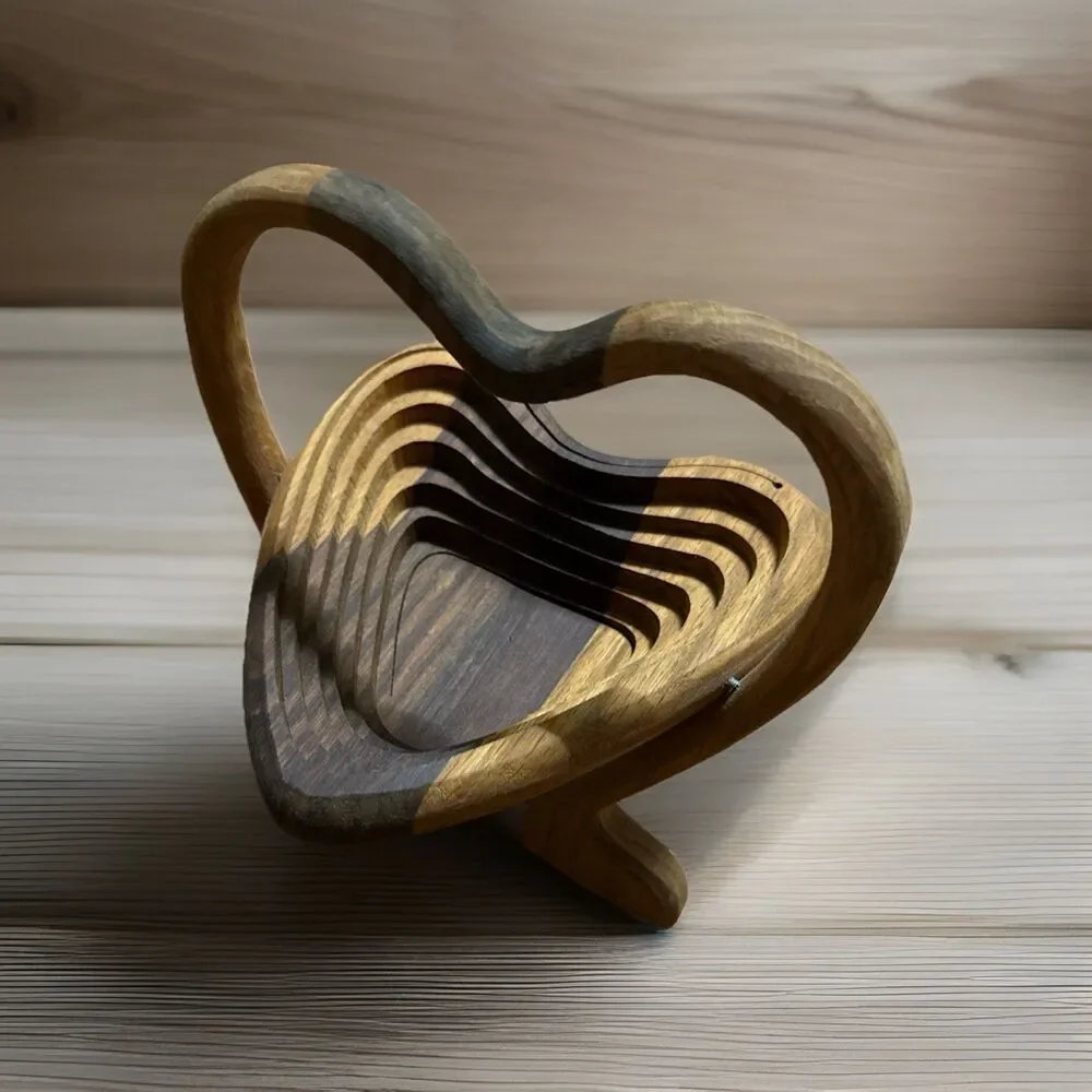 Vintage Mid-Century Accordion Wood Heart Shaped Folding Fruit Basket Trivet Bowl